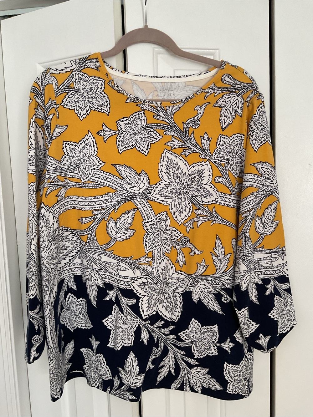 Talbots Mustard Yellow and Black Floral Border Long-Sleeve Top